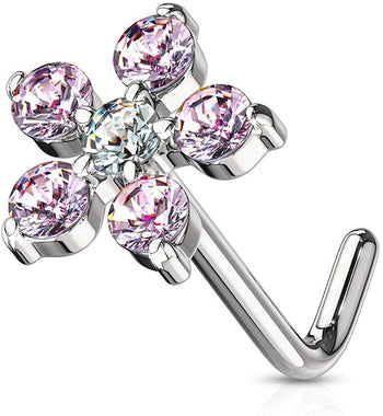 Forbidden Body Jewelry 20g Surgical Steel 6-CZ Crystal Flower L-Shape Nose Ring