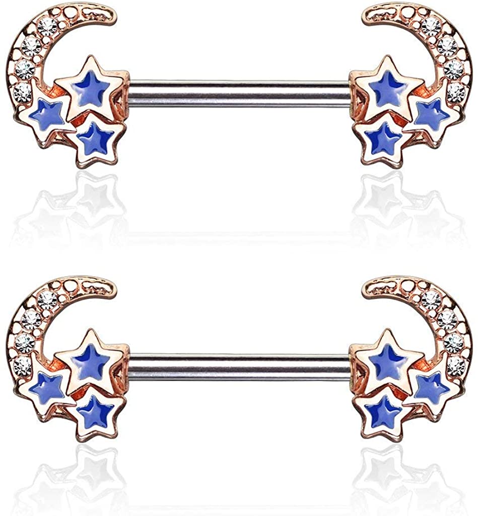 Forbidden Body Jewelry Pave CZ Celestial Moon & Stars 14g Surgical Steel Nipple Barbells (Choose Color)