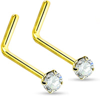 Forbidden Body Jewelry 20g Surgical Steel Gold Plated & Rose Gold Plated L-Shaped 2mm CZ Crystal Nose Studs