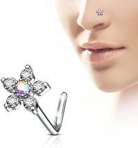 Forbidden Body Jewelry 20g Surgical Steel L Shaped Nose Ring with Large Two-Tone 6-CZ Crystal Flower Top