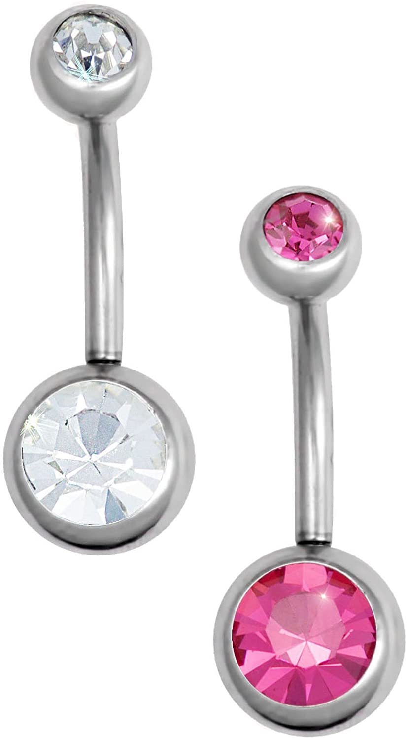 Forbidden Body Jewelry Set of 2 Belly Button Rings: Surgical Steel CZ Pink & Clear Navel Rings