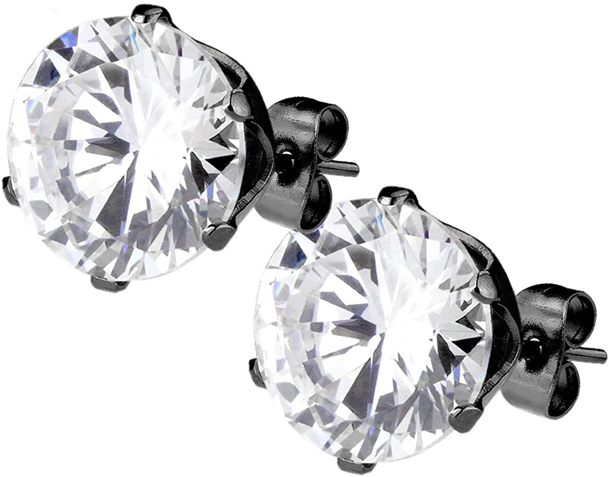 CZ Simulated Diamond Black IP Plated Surgical Steel Stud Earrings for Men