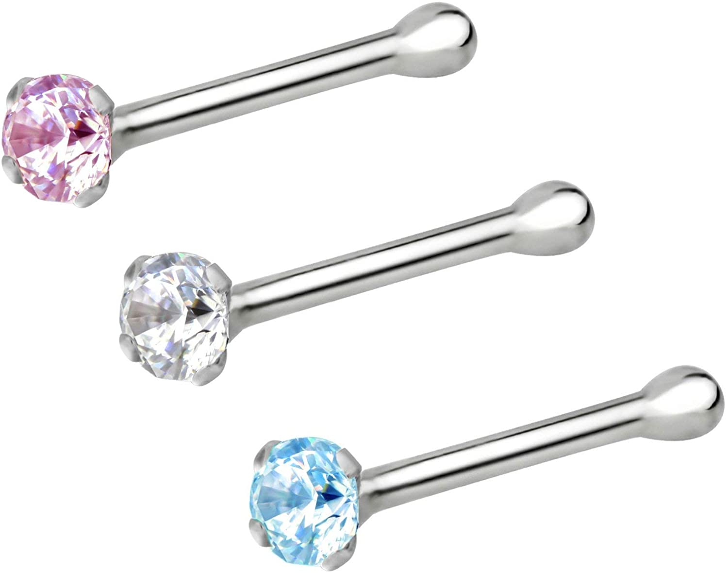 Forbidden Body Jewelry Set of 3 Nose Rings: 22g Sterling Silver CZ Simulated Diamond Micro Nose Studs