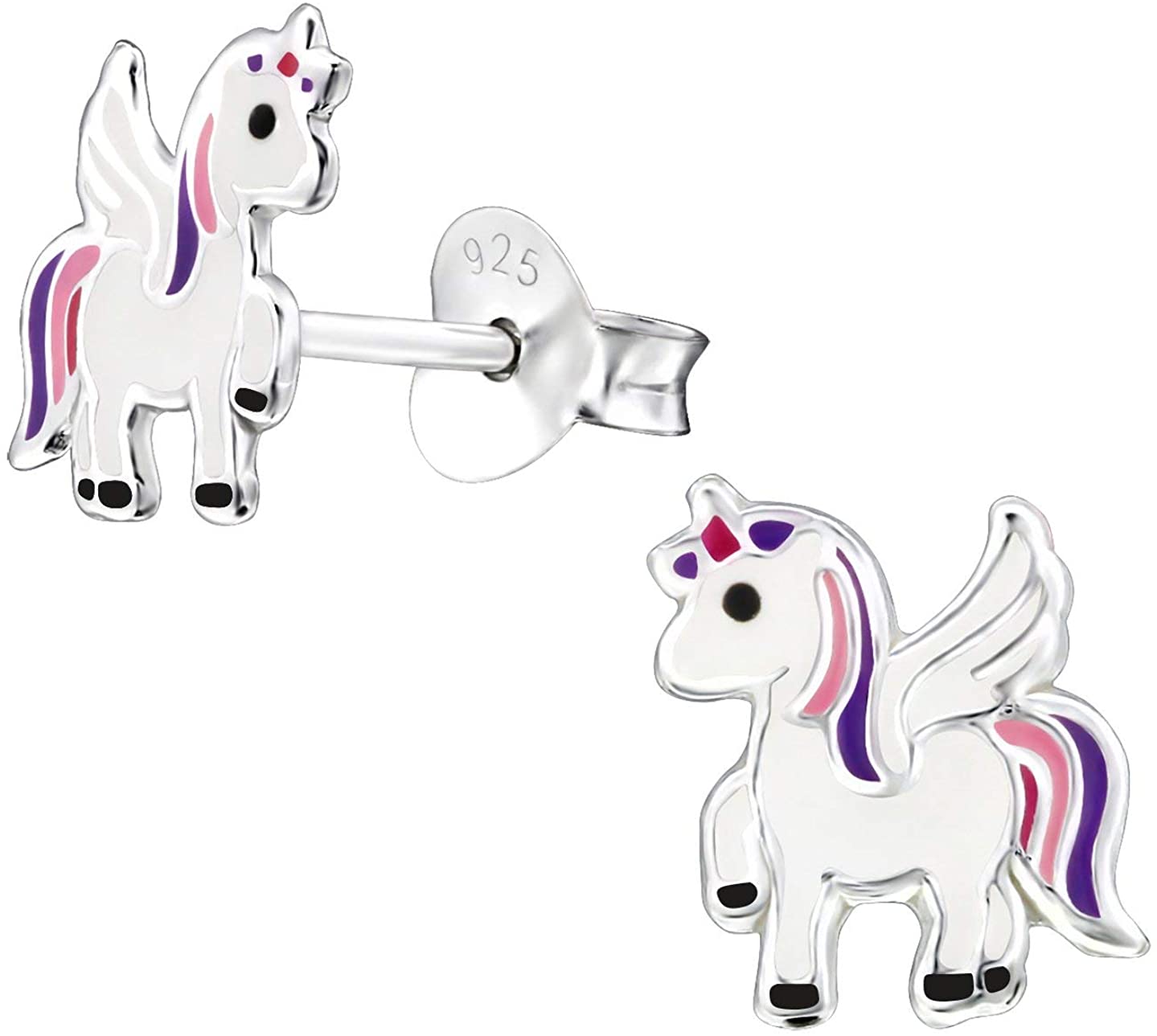 Hypoallergenic Sterling Silver Prancing Unicorn with Wings Earrings for Kids (Pink/Purple)