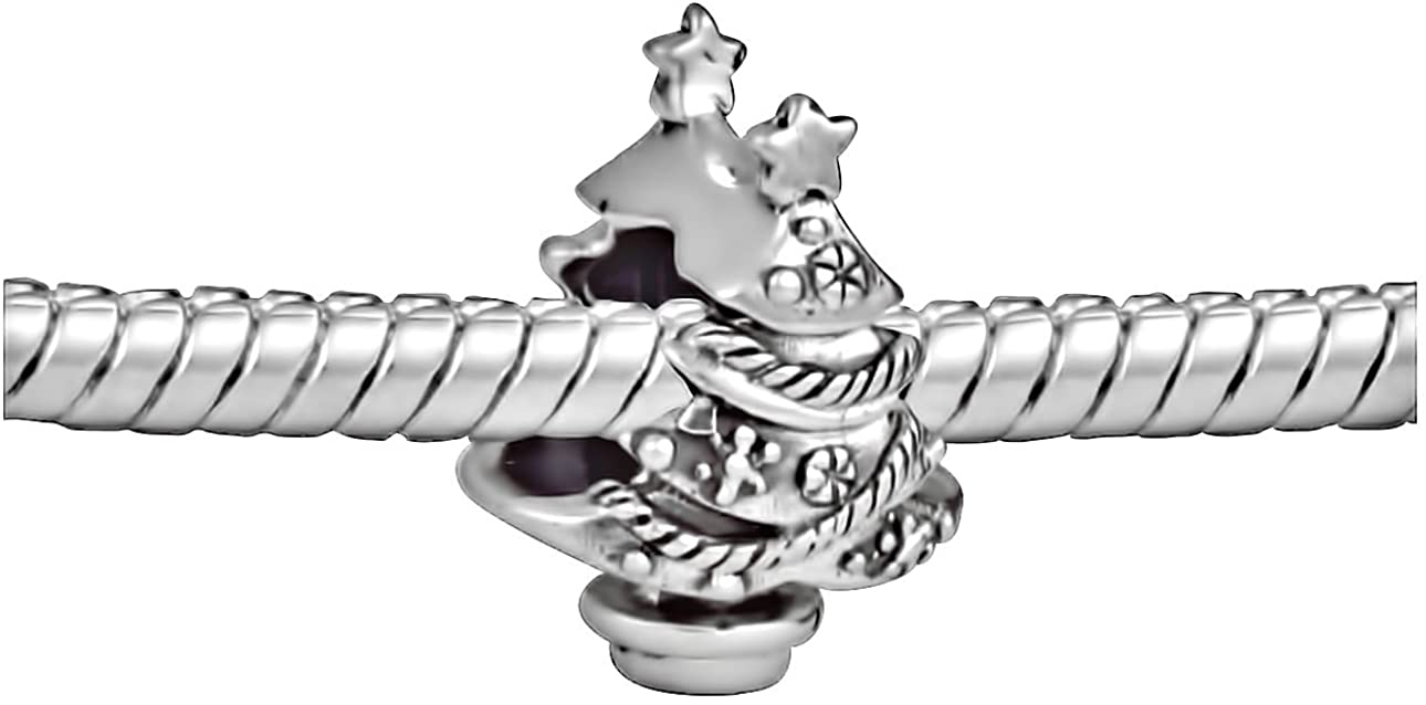 .925 Sterling Silver Oxidized Christmas Tree Holiday Charm for European Style Snake Chain Bracelets