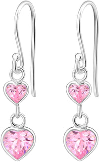 Hypoallergenic Sterling Silver Double Heart CZ Dangle Earrings for Kids (Clear)