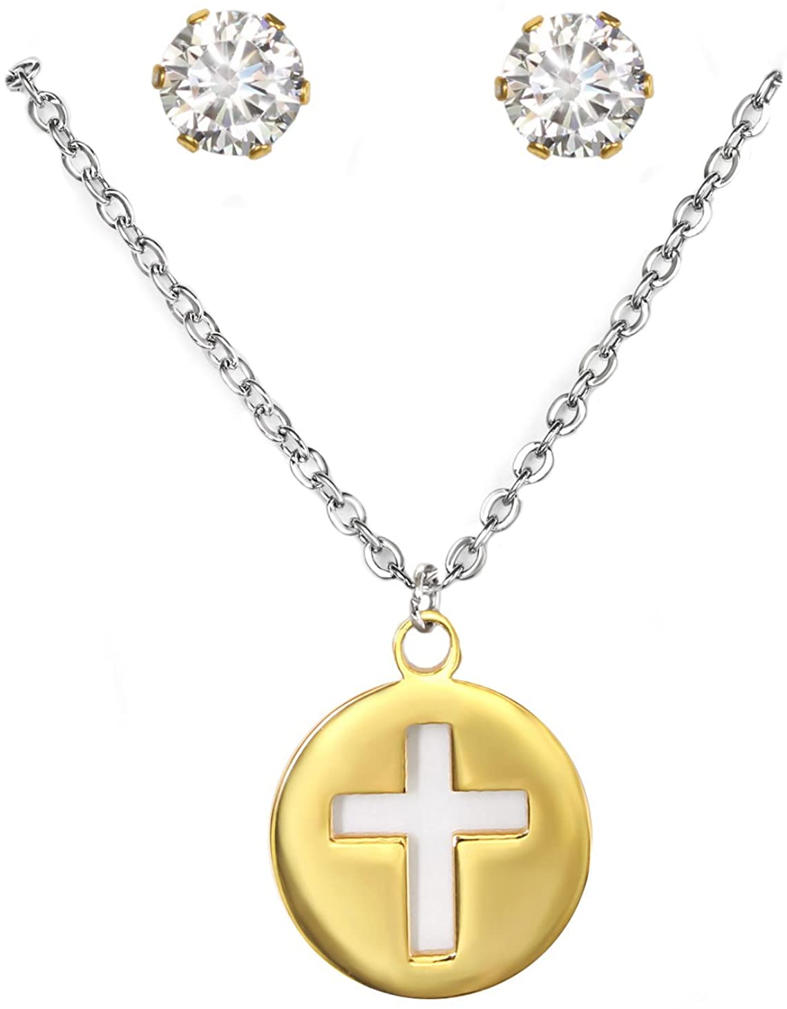 Gold Plated Stainless Steel Cross Cut-Out Pendant Necklace & CZ Stud Earring Set for Girls