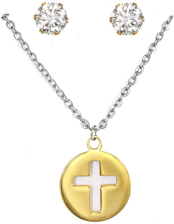 Gold Plated Stainless Steel Cross Cut-Out Pendant Necklace & CZ Stud Earring Set for Girls