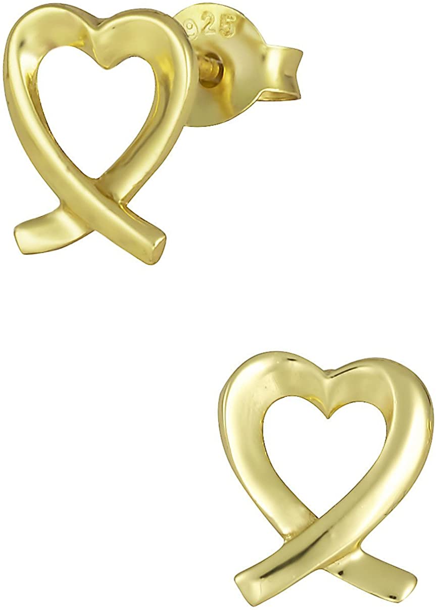 Hypoallergenic 14k Gold Plated Sterling Silver Crossover Heart Stud Earrings for Kids (Nickel Free)