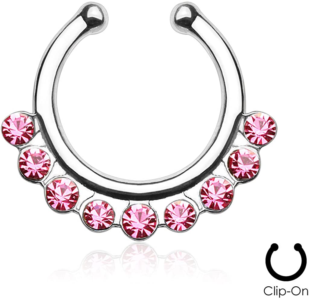 Forbidden Body Jewelry Non-Piercing Septum Jewelry: Multi Gem CZ Clip On Fake Septum Ring Hanger (No Piercing Required)