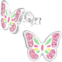 Hypoallergenic Sterling Silver Pink & White Crystal Butterfly Stud Earrings for Kids (Nickel Free)