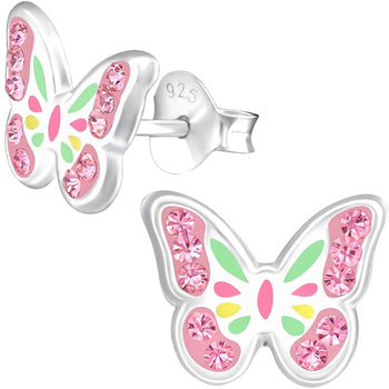 Hypoallergenic Sterling Silver Pink & White Crystal Butterfly Stud Earrings for Kids (Nickel Free)