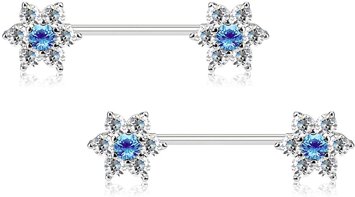 Forbidden Body Jewelry Pair of Surgical Steel 5/8 Inch (16mm) 7-CZ Posh Flower Nipple Barbells