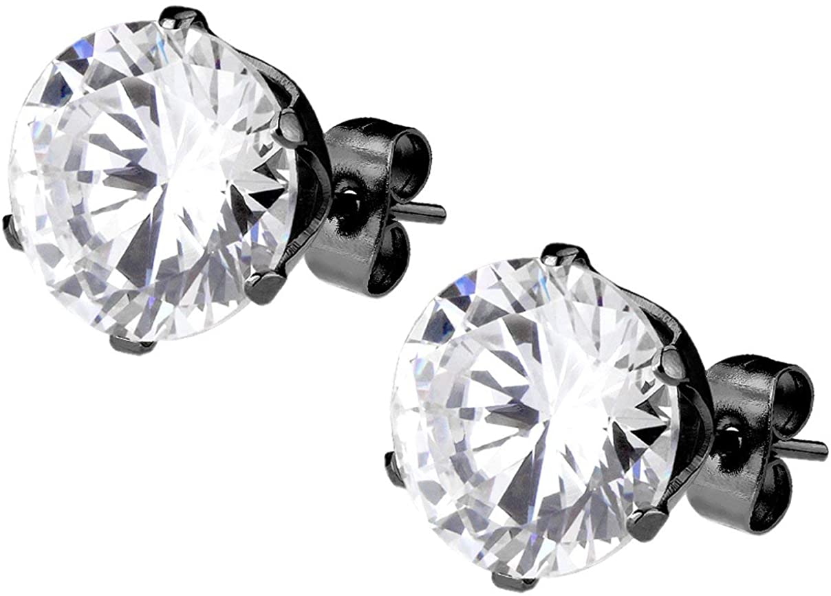 CZ Simulated Diamond Black IP Plated Surgical Steel Stud Earrings for Men