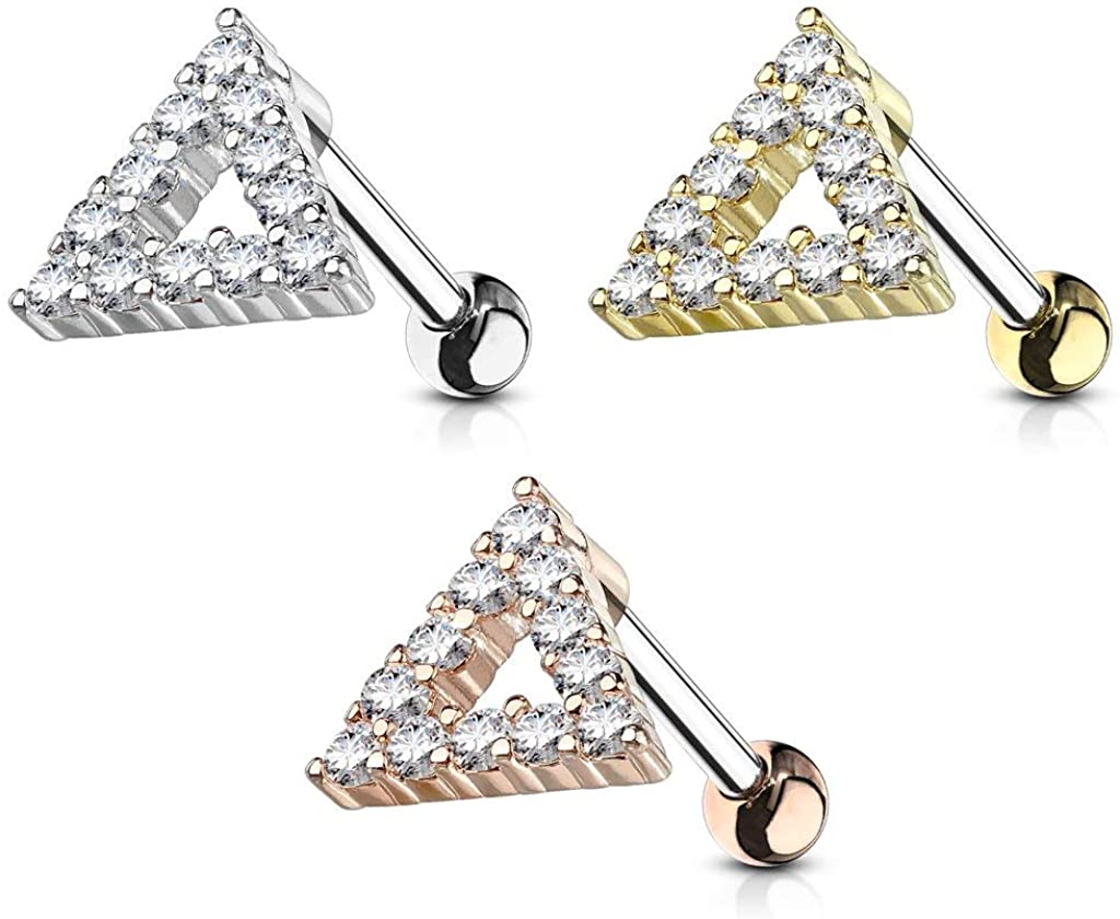 Forbidden Body Jewelry 16g Surgical Steel Cartilage Stud Earring with 7X7mm CZ Lined Triangle Top