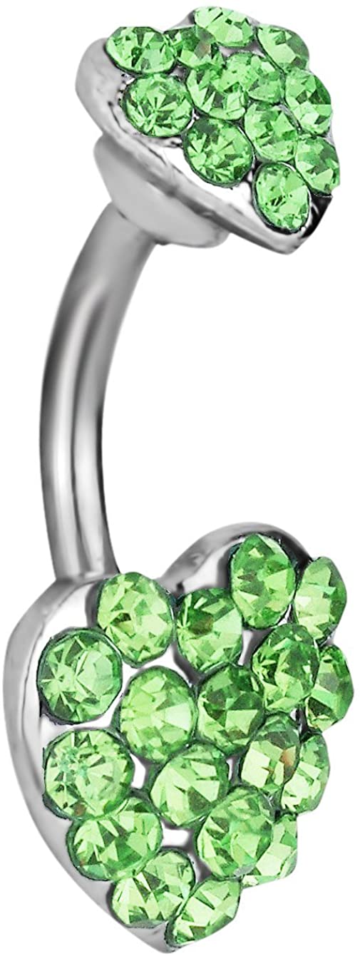 Surgical Steel Green Pave Jeweled Double Heart Belly Button Ring