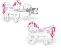 Hypoallergenic Sterling Silver White & Pink Royal Pony Stud Earrings for Little Girls (Nickel Free)