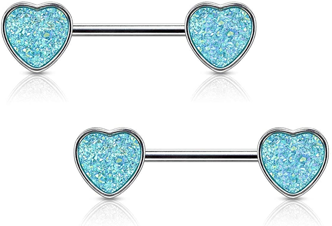 Forbidden Body Jewelry Pair of Surgical Steel 9/16 Inch (14mm) Synthetic Druzy Stone Glitter Effect Heart Nipple Barbells