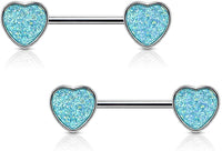 Forbidden Body Jewelry Pair of Surgical Steel 9/16 Inch (14mm) Synthetic Druzy Stone Glitter Effect Heart Nipple Barbells