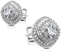 .925 Sterling Silver Square Halo Cushion Cut CZ Crystal Stud Earrings