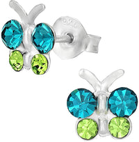 Hypoallergenic Sterling Silver Teal & Green Crystal Butterfly Stud Earrings for Kids (Nickel Free)