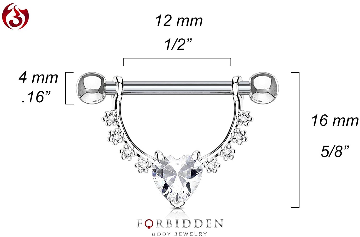 Forbidden Body Jewelry Pair of Surgical Steel 1/2 Inch (12mm) D-Ring Style CZ Heart Dangle Nipple Barbells