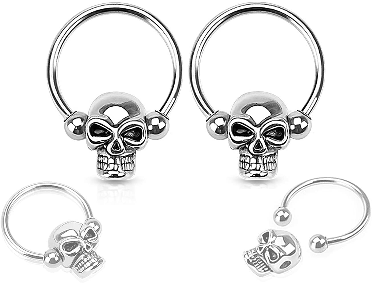 Forbidden Body Jewelry Set of 14G-16G Surgical Steel Skull CBR Hoops for Ear Lobes/Cartilage/Nipples