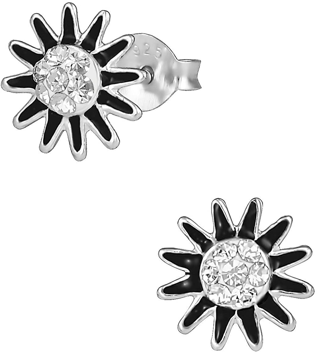 Hypoallergenic Sterling Silver Black Flower Crystal Stud Earrings for Kids (Nickel Free)