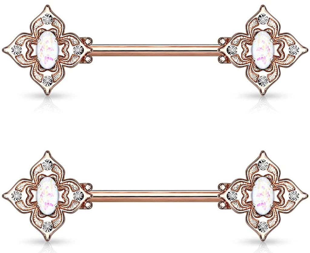 Forbidden Body Jewelry Pair of Surgical Steel 9/16 Inch (14mm) Posh Floral Synthetic Opal Center Nipple Barbells