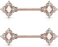 Forbidden Body Jewelry Pair of Surgical Steel 9/16 Inch (14mm) Posh Floral Synthetic Opal Center Nipple Barbells