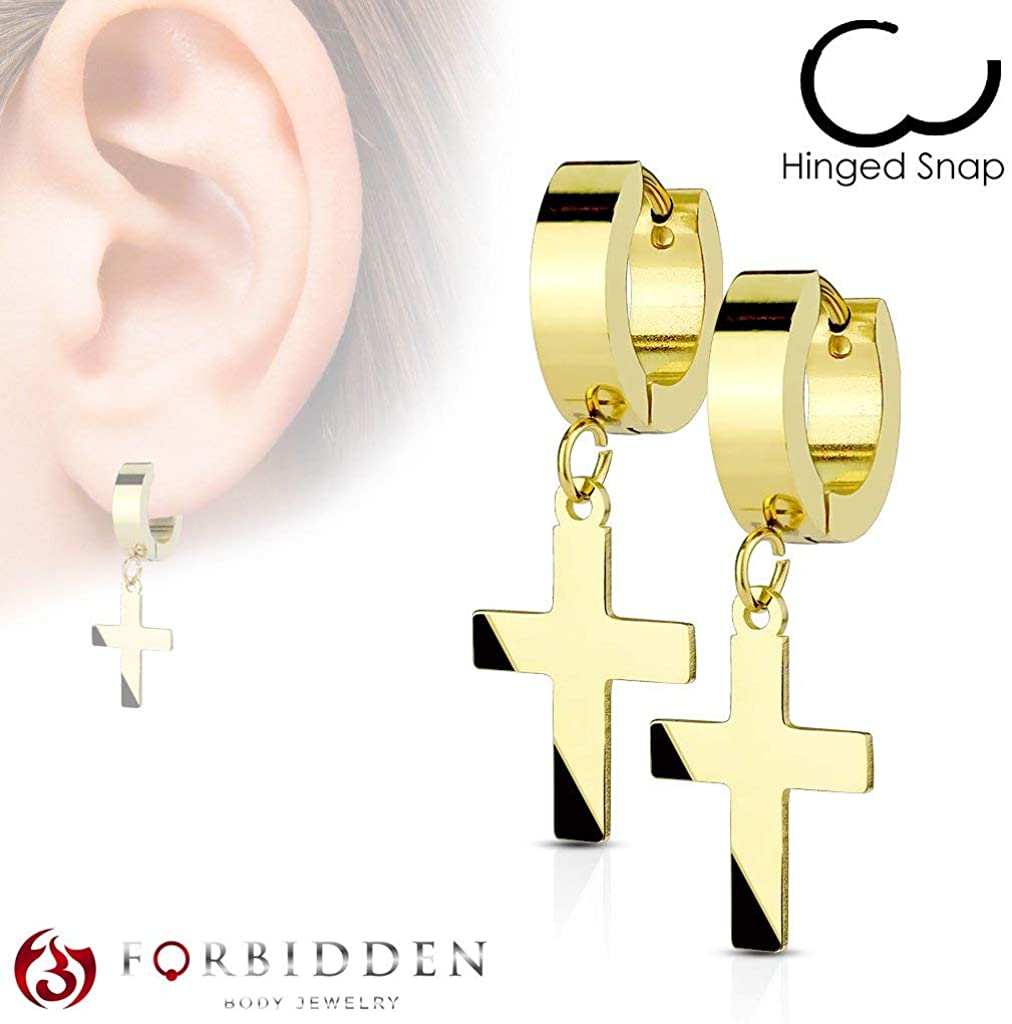 316L Surgical Steel Hinged Dangle Cross Hoop Earrings