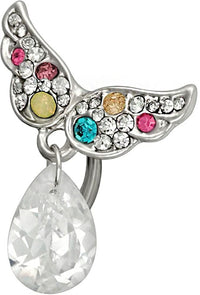 Forbidden Body Jewelry Surgical Steel Reverse Mount Jeweled Angel Wings with Tear Drop Crystal Dangle Belly Button Ring