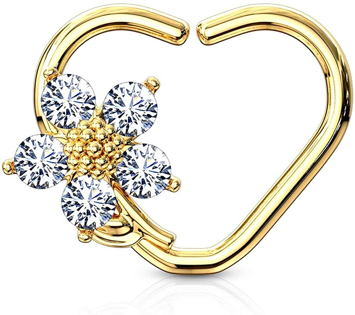 Forbidden Body Jewelry 16g Platinum & Gold Plated Heart w/CZ Flower Daith & Cartilage Hoop Earring