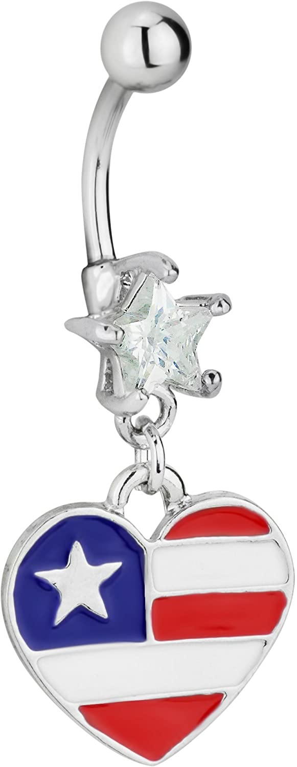 Forbidden Body Jewelry Surgical Steel American Flag Heart Jeweled Dangle Belly Button Ring