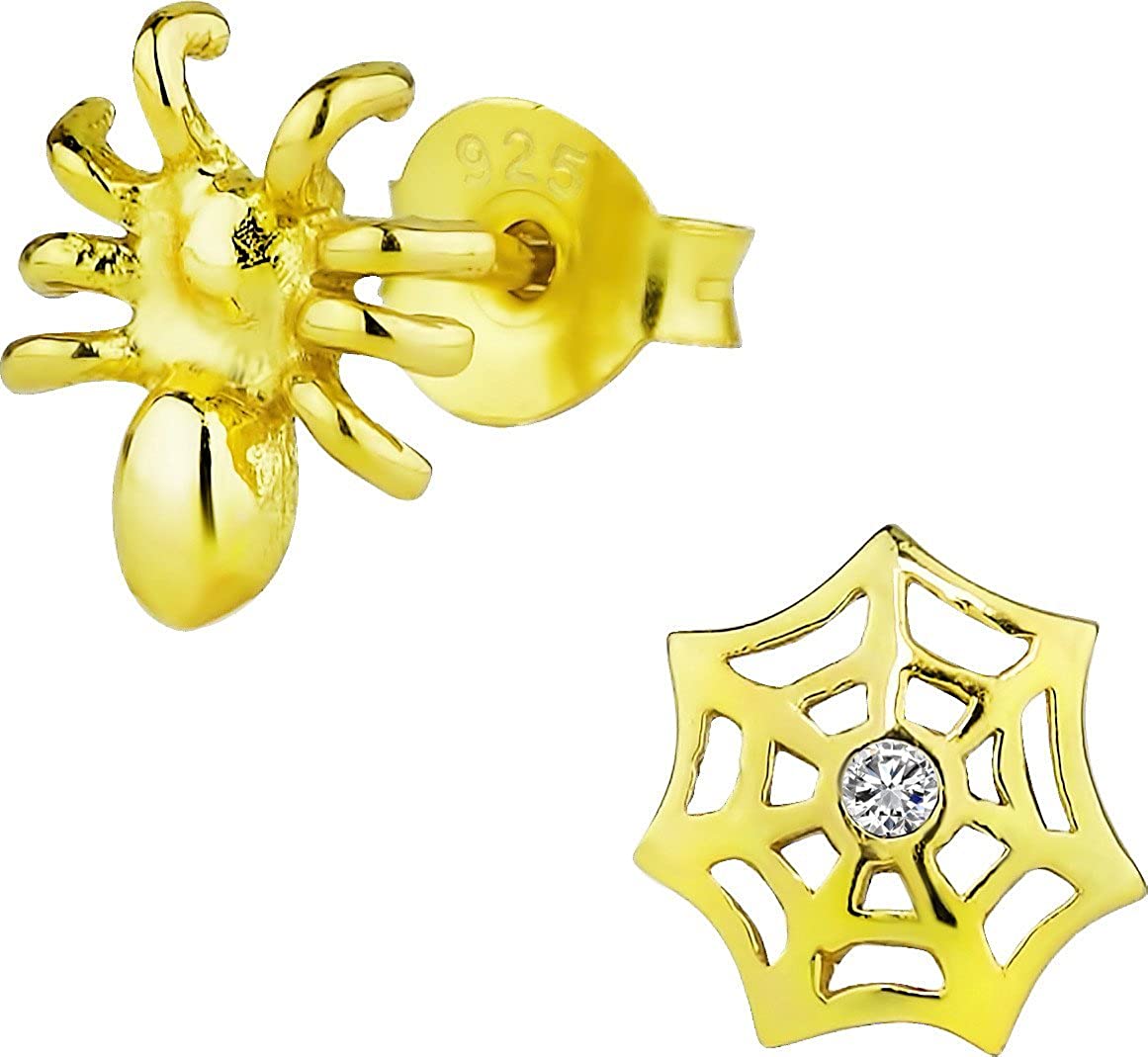 Hypoallergenic 14k Gold Plated Halloween Web & Spider Mismatched Stud Earrings for Kids (Nickel Free)