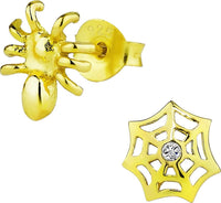 Hypoallergenic 14k Gold Plated Halloween Web & Spider Mismatched Stud Earrings for Kids (Nickel Free)