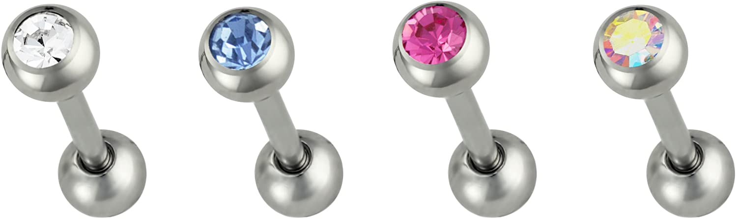 Forbidden Body Jewelry Set of 4 Cartilage Earring Studs: 16g 1/4" Surgical Steel CZ Stud Earrings