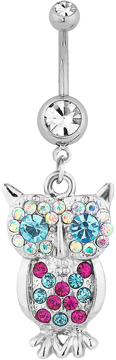 Surgical Steel Jeweled Clear Pave Gem Owl Animal Dangle Belly Button Ring