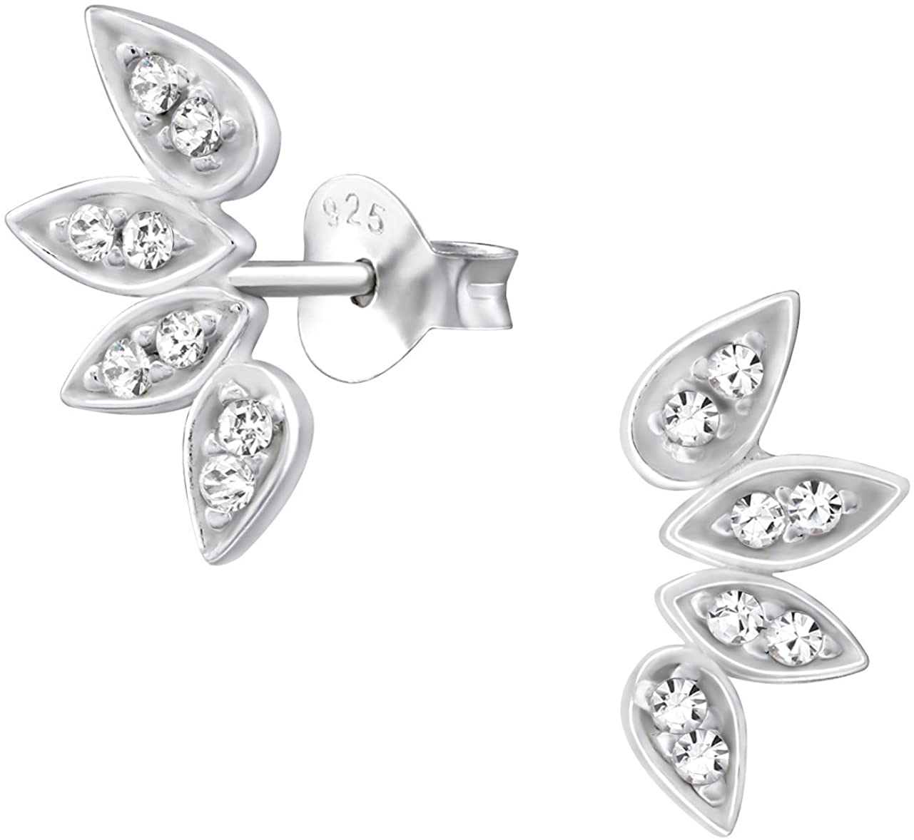 .925 Sterling Silver CZ Leaf Stud Earrings
