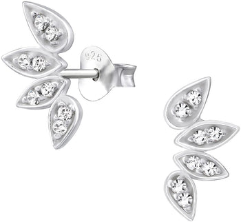 .925 Sterling Silver CZ Leaf Stud Earrings