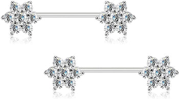 Forbidden Body Jewelry Pair of Surgical Steel 5/8 Inch (16mm) 7-CZ Posh Flower Nipple Barbells