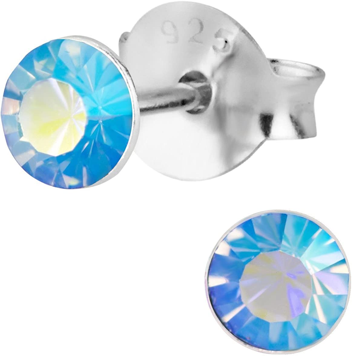 Hypoallergenic Sterling Silver Light Blue Aurora Borealis Gem Stud Earrings for Kids (Nickel Free)