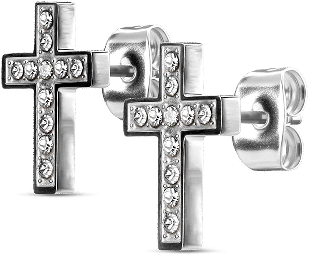 Pair of Surgical Steel CZ Paved Cross Stud Earrings for Women