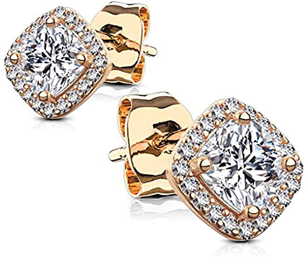 .925 Sterling Silver Square Halo Cushion Cut CZ Crystal Stud Earrings