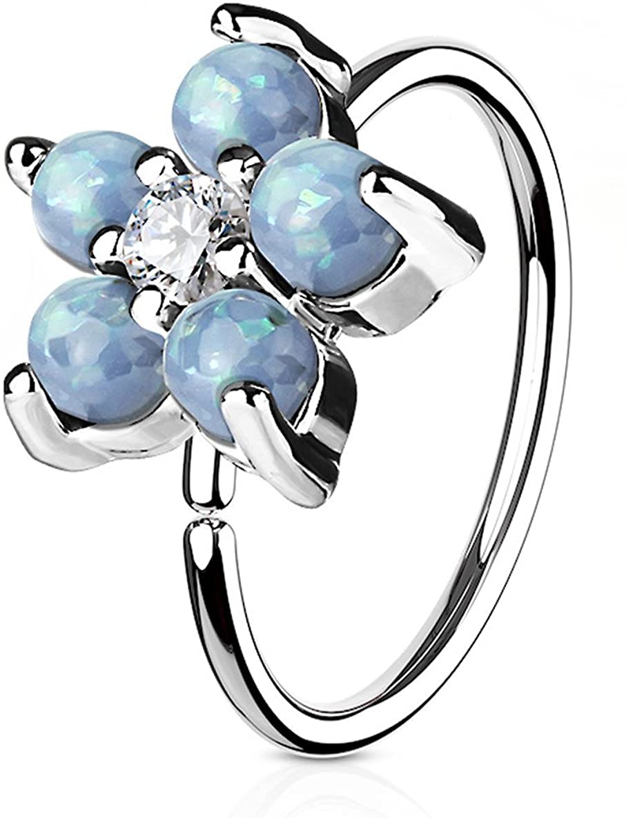 Forbidden Body Jewelry 20g 8mm Surgical Steel Opalite Flower and CZ Nose Ring and Cartilage Hoop