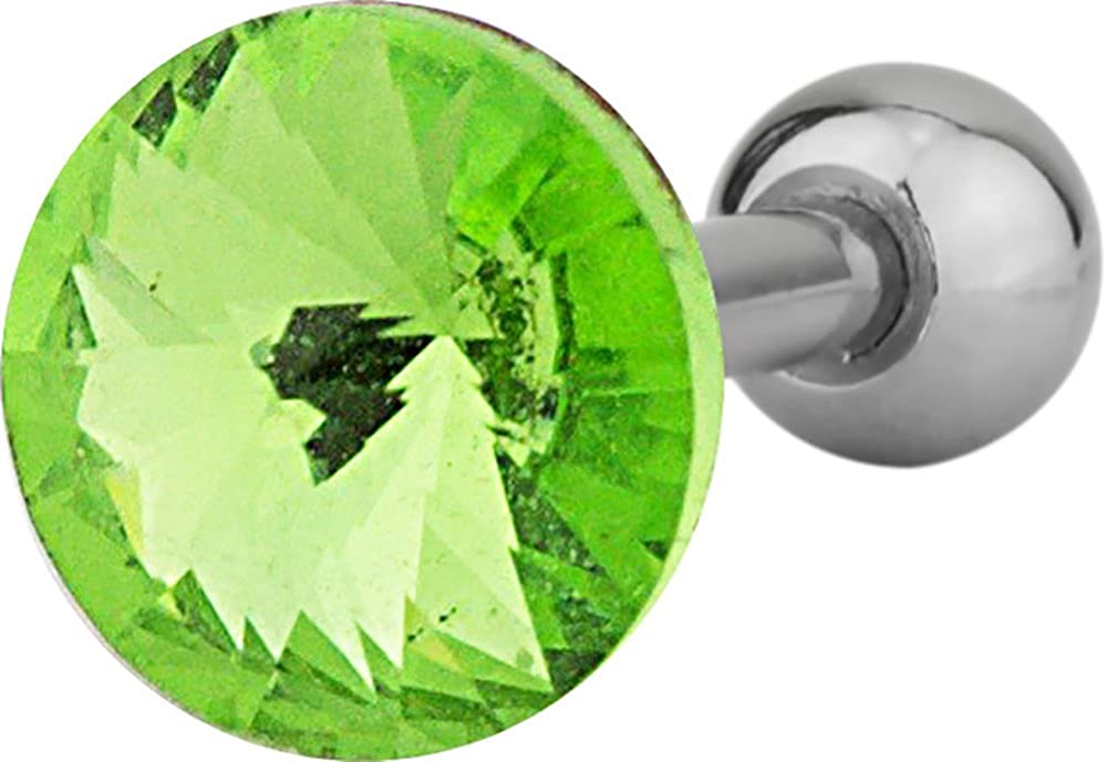 Forbidden Body Jewelry 16g Surgical Steel 1/4" Cartilage Piercing Green Crystal Stud Barbell