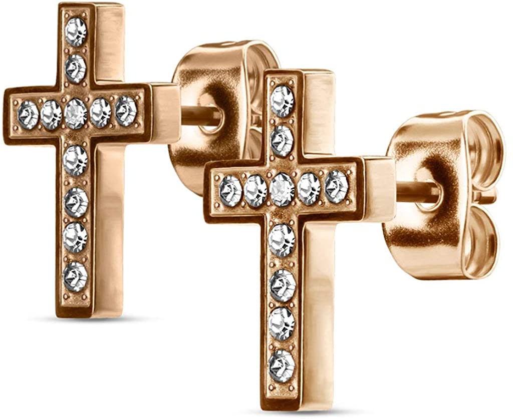 Pair of Surgical Steel CZ Paved Cross Stud Earrings for Women