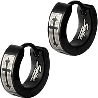 Stainless Steel Black Semi Matte Medieval Roman Cross Huggie Hoop Earrings for Men