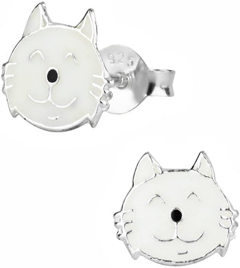 Hypoallergenic Sterling Silver White Kitty Cat Stud Earrings for Kids (Nickel Free)