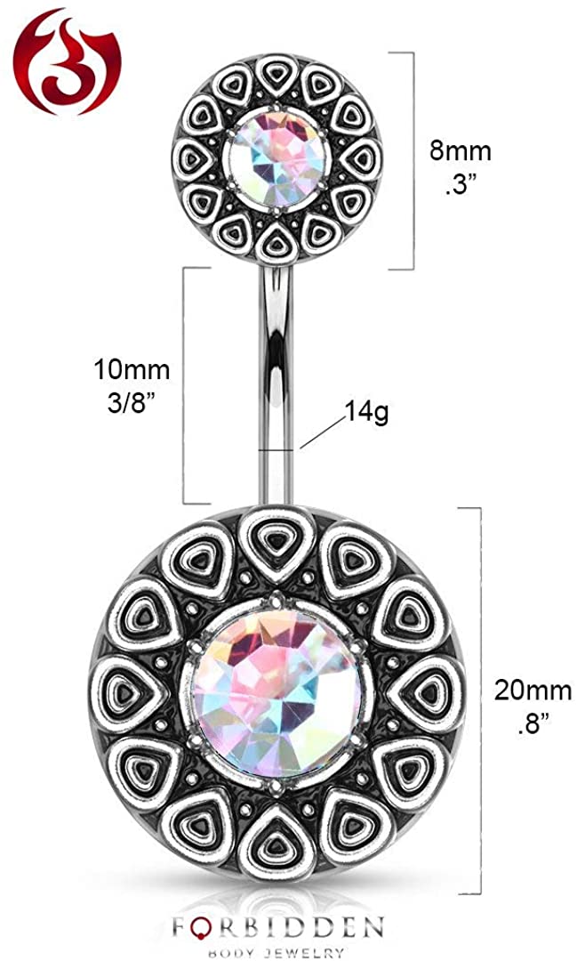 Forbidden Body Jewelry Surgical Steel Tribal Pattern Belly Button Ring with CZ Center and Matching Top